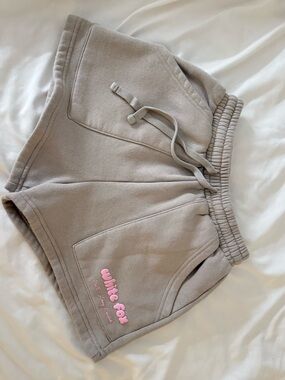 White Fox Boutique High Waist Fleece Shorts in Taupe with Pink Logo